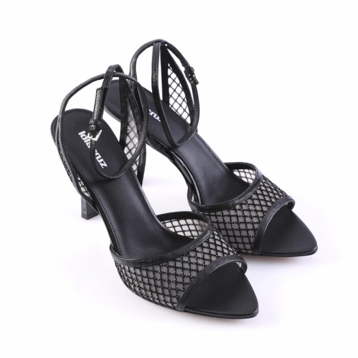 Black strappy high-heeled sandals with mesh lattice panels and open toes, photographed against a white background.