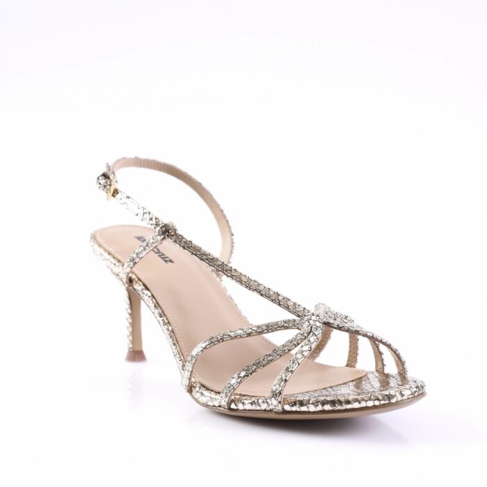 Silver strappy high-heeled sandal with rhinestone embellishments and open toe, on a light background