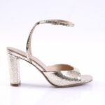 Silver snakeskin-patterned high-heeled sandal with ankle strap and squared block heel
