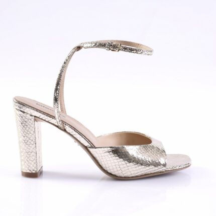 Silver snakeskin-patterned high-heeled sandal with ankle strap and squared block heel