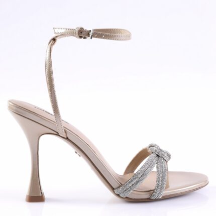 Beige stiletto sandal with an ankle strap and crystal-embellished front bands.