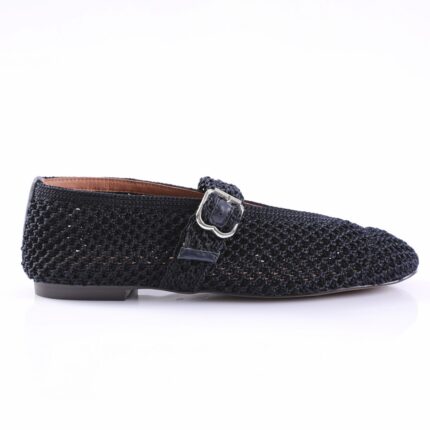 Black woven loafer with a silver buckle strap on a white background, side view showing low heel and open lattice weave
