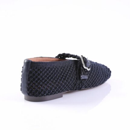 Navy woven loafer viewed from the rear with a metal buckle detail on the side strap.