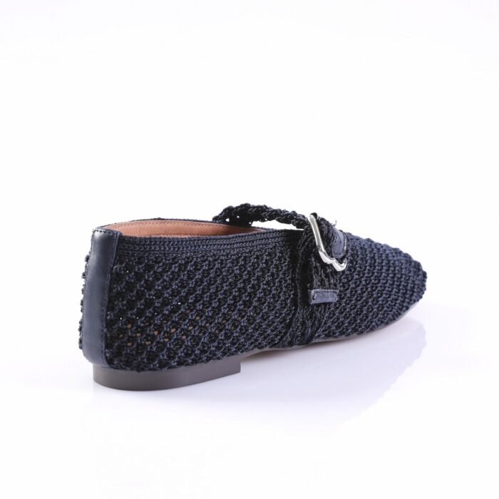 Navy woven loafer viewed from the rear with a metal buckle detail on the side strap.