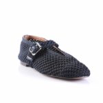 Navy knit loafer with a silver buckle detail on the side and a pointed toe.