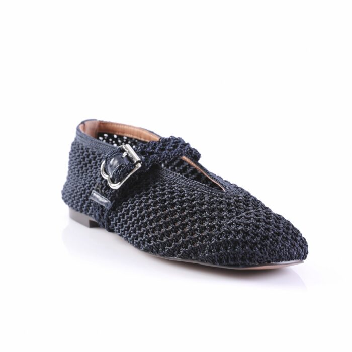 Navy knit loafer with a silver buckle detail on the side and a pointed toe.