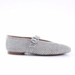 Silver glitter loafer with a buckle strap and brown sole/light tan outsole.