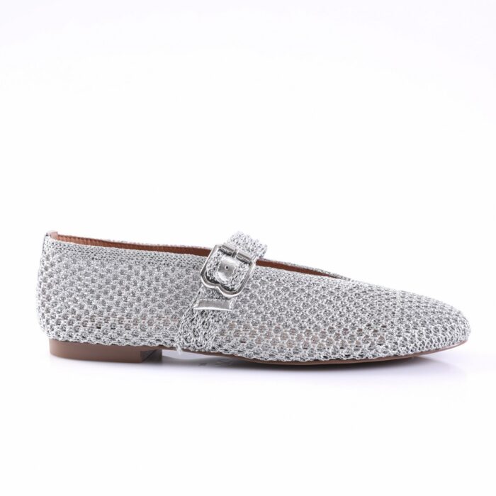 Silver glitter loafer with a buckle strap and brown sole/light tan outsole.