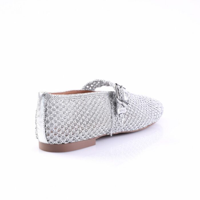 Silver glitter loafer with a decorative buckle, shown from the side.