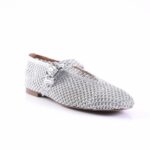 Silver mesh loafer with a decorative buckle, low-heel dress shoe for women.