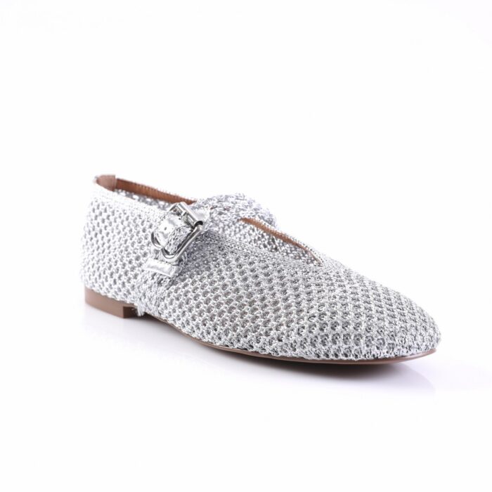 Silver mesh loafer with a decorative buckle, low-heel dress shoe for women.