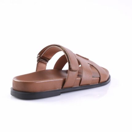 Brown leather sandal with multiple straps and a back strap on a black rubber sole, open-toe design on a white background.