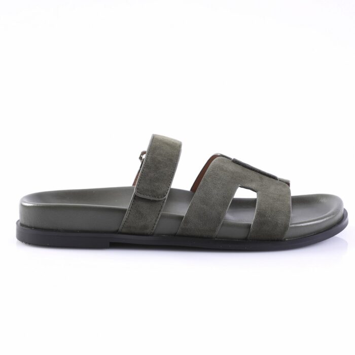 Gray-green suede slide sandal with two wide straps and a cushioned footbed