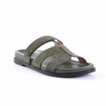 Olive green suede slide sandal with two wide straps and a flat black sole, open toe for warm weather.