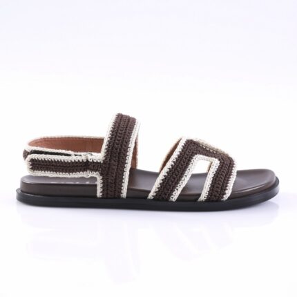 Brown and cream crocheted sandals with two straps and a black sole for casual wear.