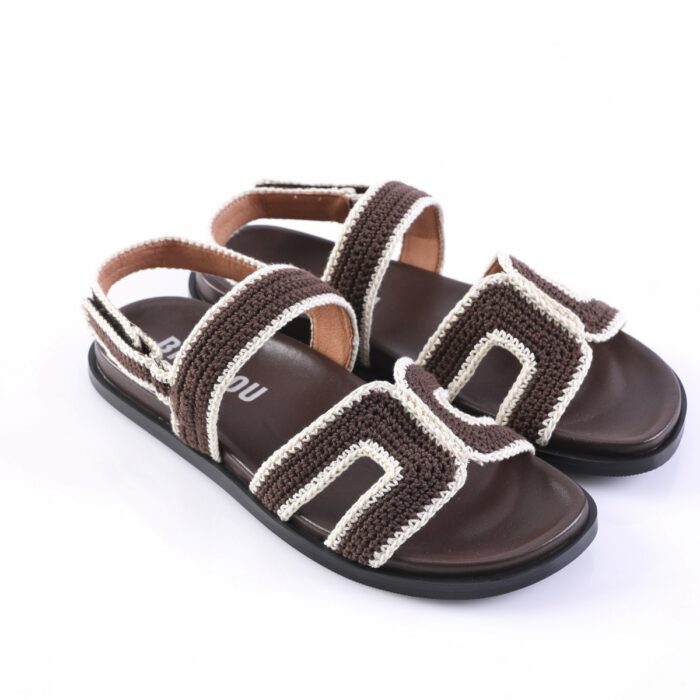 Brown woven-straps sandals with white stitching on a dark cushioned footbed, open-toe design and black sole (pair). zum