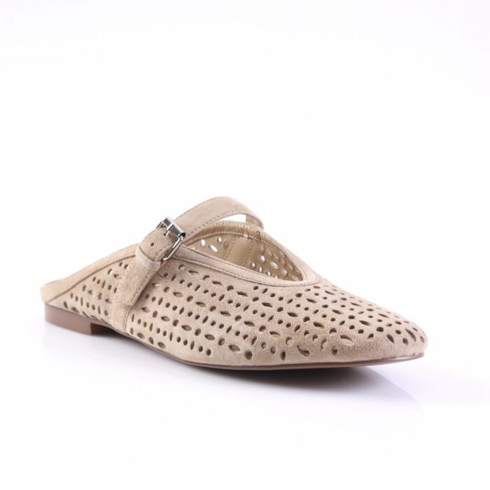Beige perforated Mary Jane flat with an ankle strap and buckle detail.