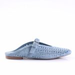 Light blue perforated suede Mary Jane flat with an ankle strap and buckle, shown in side view.