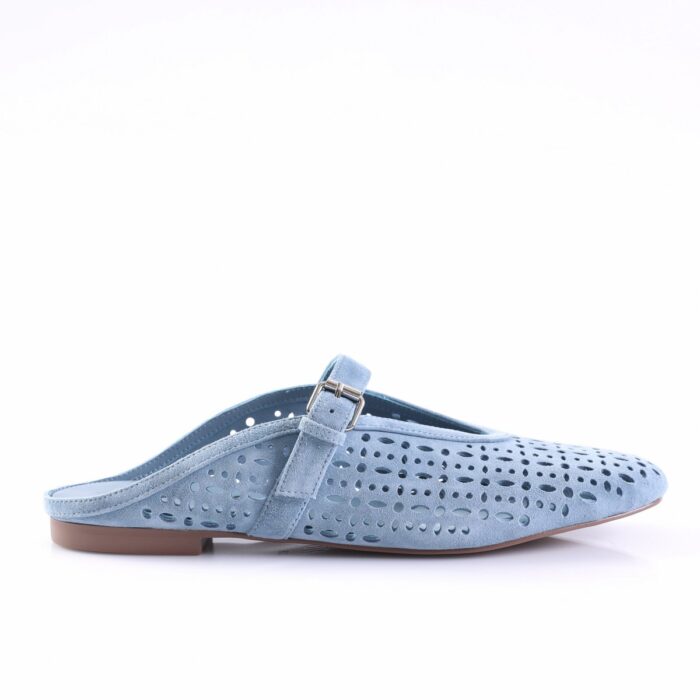 Light blue perforated suede Mary Jane flat with an ankle strap and buckle, shown in side view.