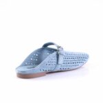 Light blue perforated mule sandal with a slingback strap and small buckle, flat brown sole