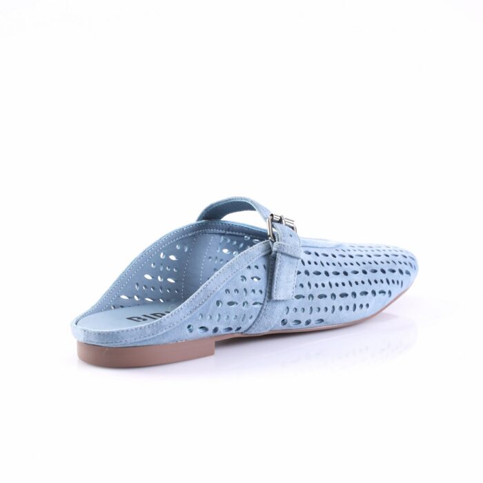 Light blue perforated mule sandal with a slingback strap and small buckle, flat brown sole
