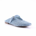 Blue suede perforated mule with a small buckle strap across the top and a low heel