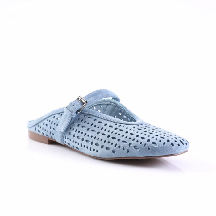 Blue suede perforated mule with a small buckle strap across the top and a low heel