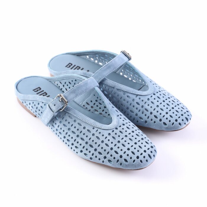 Light blue perforated suede Mary Jane sandals with an adjustable buckle strap and low brown sole