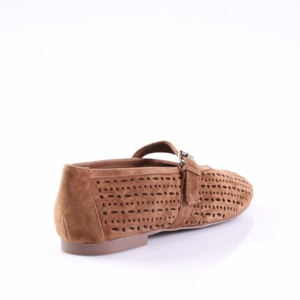 Brown suede perforated loafer with a strap, shown from a rear-side angle.