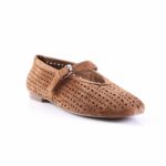 Brown perforated suede Mary Jane flat with a small buckle strap