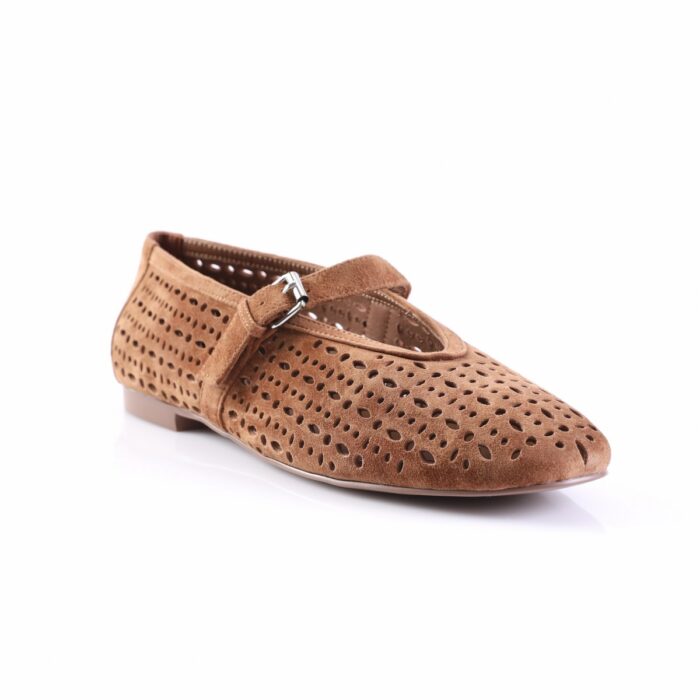 Brown perforated suede Mary Jane flat with a small buckle strap