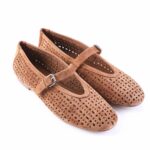 Brown suede perforated Mary Jane flats with buckle strap