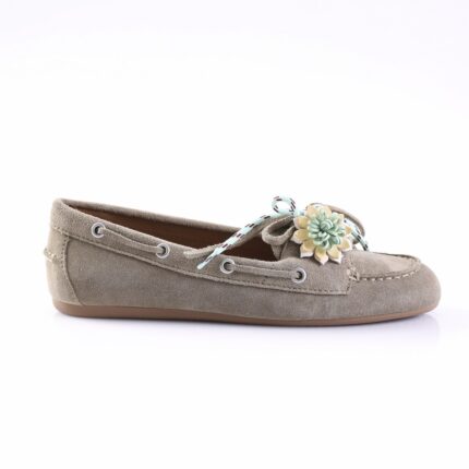 Gray suede boat shoe with a decorative pastel flower on the laces.
