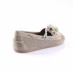 Taupe suede loafer with decorative rope laces and pastel flower embellishment, shown from the side surface view