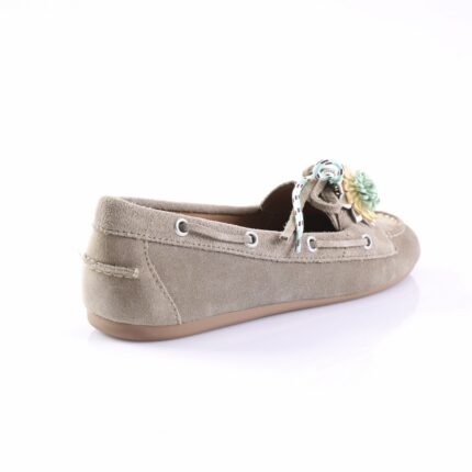 Taupe suede loafer with decorative rope laces and pastel flower embellishment, shown from the side surface view