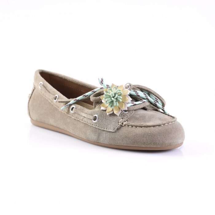 Beige suede boat shoe for kids with turquoise laces and a pastel flower embellishment on the top.
