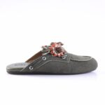 Grey suede slip-on mule with a multi-layered orange flower embellishment on top; brand logo visible on the insole (BIBI).