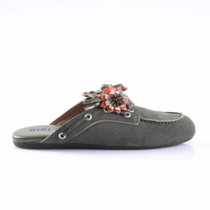 Grey suede slip-on mule with a multi-layered orange flower embellishment on top; brand logo visible on the insole (BIBI).