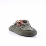 Olive green suede moccasin with braided laces and a fabric flower accent.