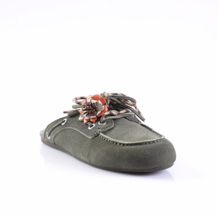 Olive green suede moccasin with braided laces and a fabric flower accent.