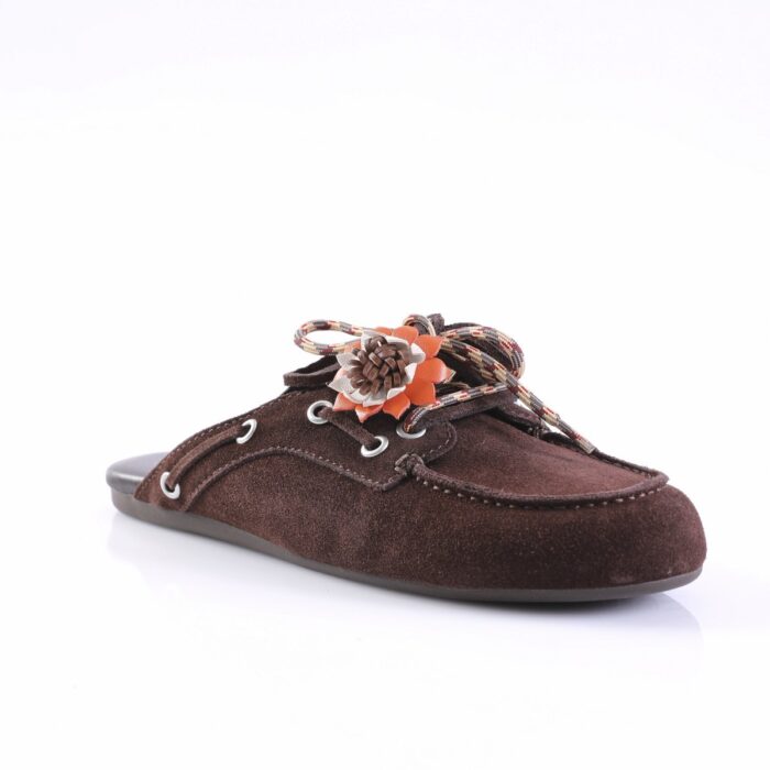 Brown suede boat shoe with multicolored lace and a orange-brown flower accent, shown from a side angle