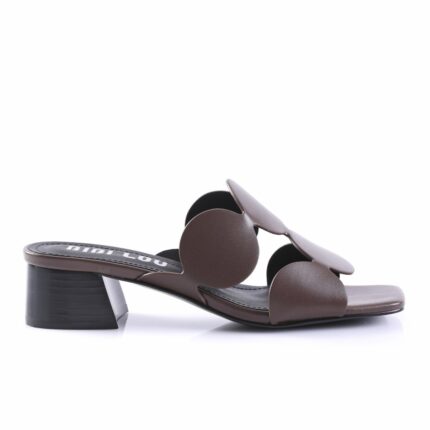 Brown open-toe sandal with circular disk straps and a short chunky black heel.