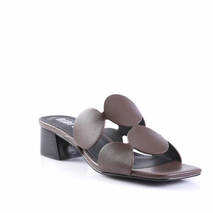 Brown slide sandal with three oversized circular straps and a low block heel.