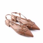Brown strappy pointed-toe sandals with a low block heel and ankle strap (brand-name insole visible).