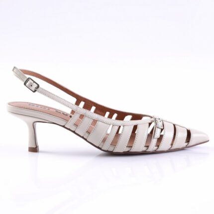 White strappy slingback sandal with a low kitten heel and multiple vertical straps, buckle closure at the ankle.