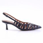 Navy blue strappy slingback pump with a low kitten heel and pointed toe, back ankle buckle.