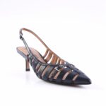 Navy and brown strappy slingback sandal with a low kitten heel and buckle detail.