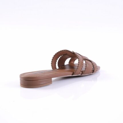 Brown flat slide sandal with braided strap detail on a white background (product photo)