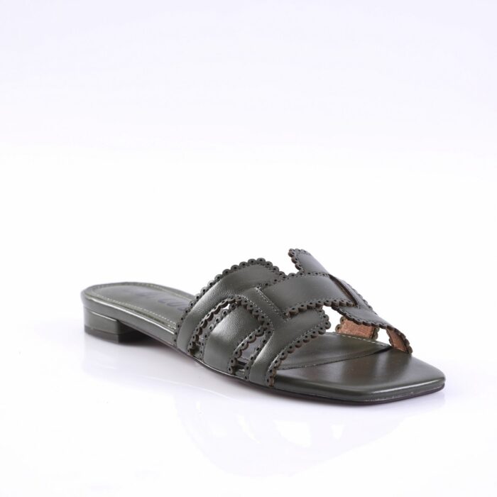 Dark gray open-toe slide sandal with scalloped braided trim and cutout detailing.
