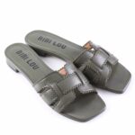 Olive green leather slide sandals with scalloped edges and two straps, BIBI LOU on the insole.